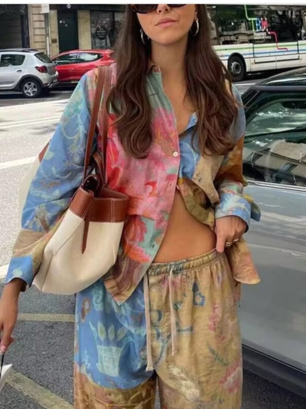 SHEIN Bohemian Floral 2-Piece Set XS - Button-Down Shirt & Wide Leg Pants